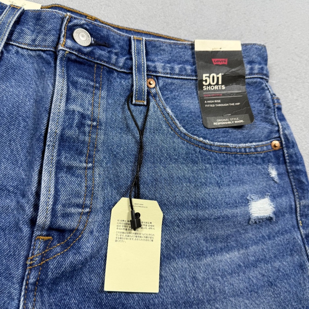 Levis 501 High Rise Distressed Denim Shorts Medium Wash Blue W29